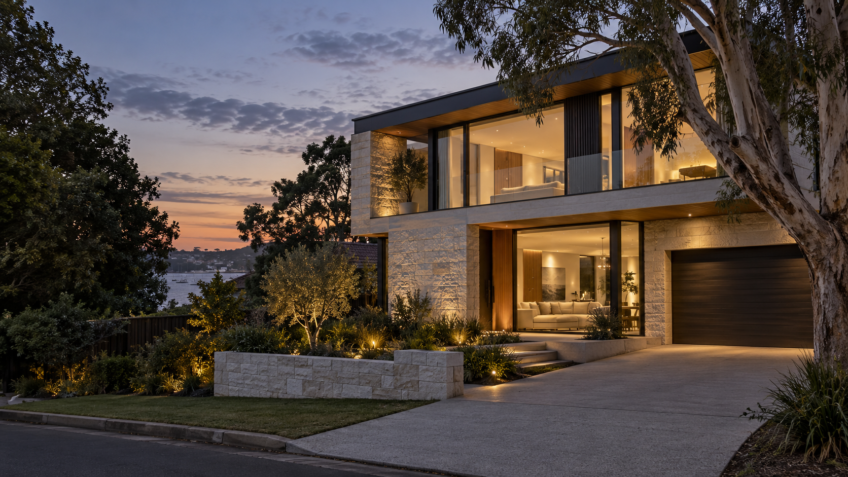 Architectural concept of a contemporary Sydney home at dusk